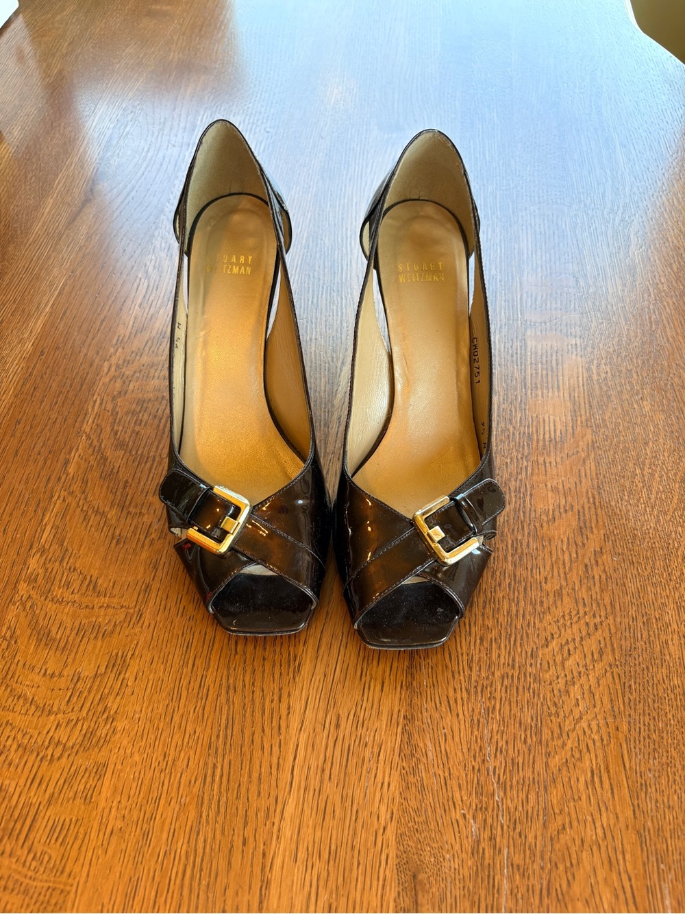 Stuart Weitzman Patent Peep-Toe Pumps with Gold Buckle